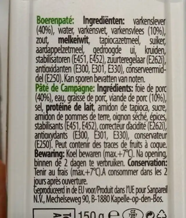 Pâté de Campagne ingredients label