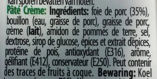 Crème pâté ingredients label