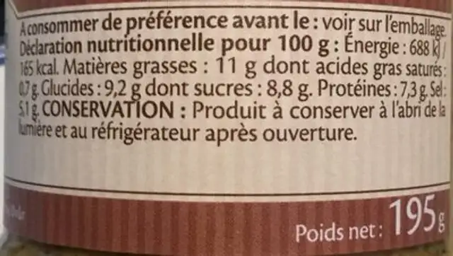 Moutarde nutrition facts table