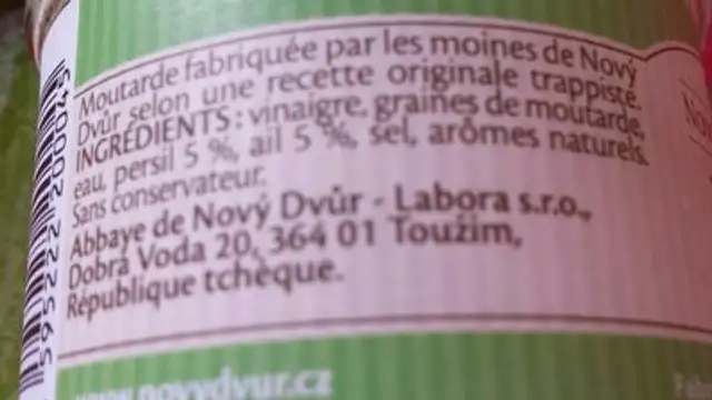 Moutarde parfumée au persil et à l'ail, 195 g ingredients label