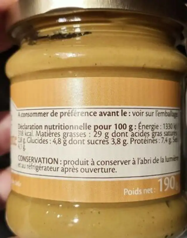 Moutarde trappiste onctueuse et forte nutrition facts table
