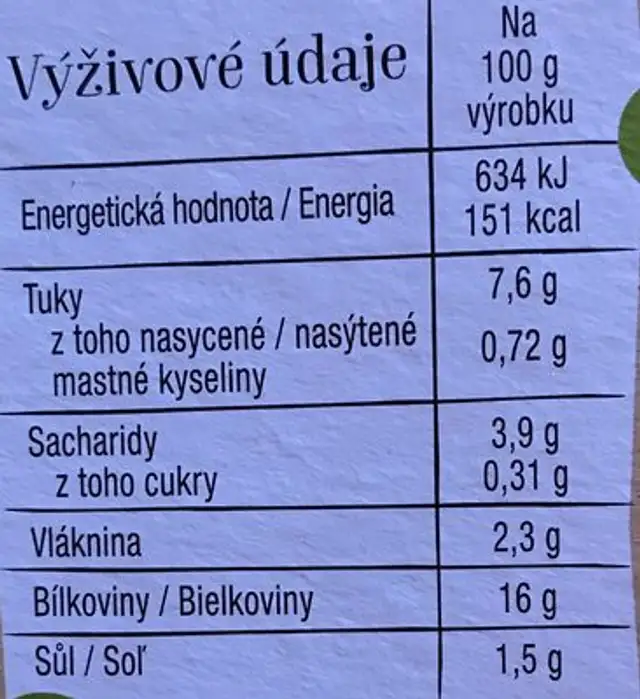 Hrachové nudličky rostlinné nutrition facts table
