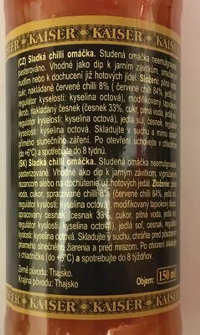 Sweet chilli sauce ingredients label