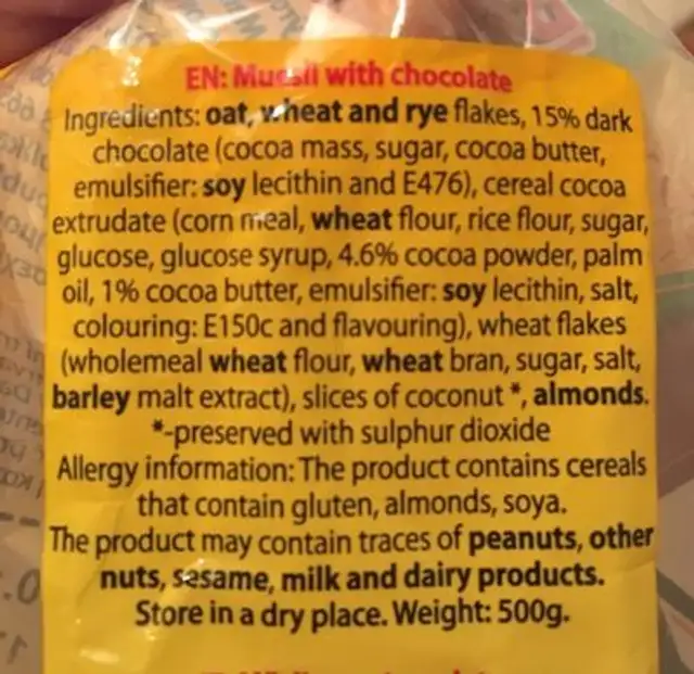 Musli and chocolate ingredients label