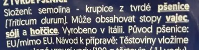 Sušené semolinové těstoviny z tvrdé pšenice ingredients label