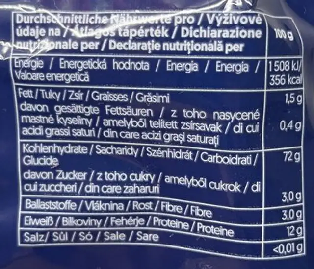 Sušené semolinové těstoviny z tvrdé pšenice nutrition facts table
