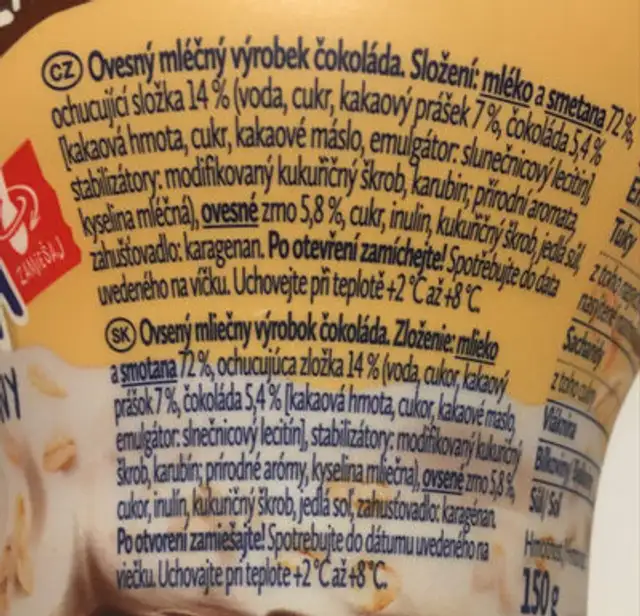 Oveska čokoláda ingredients label