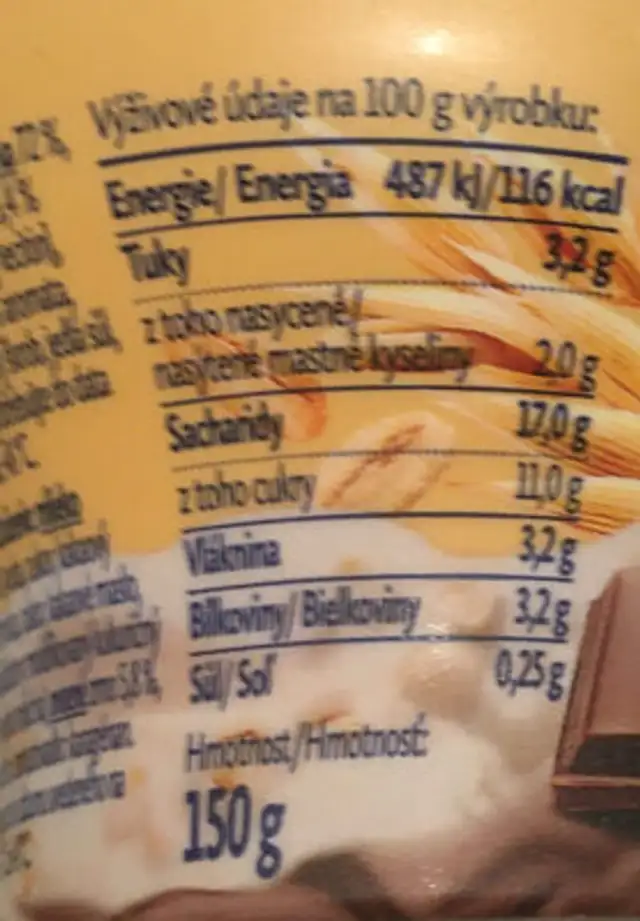 Oveska čokoláda nutrition facts table
