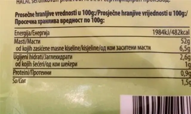 Tartar sos nutrition facts table