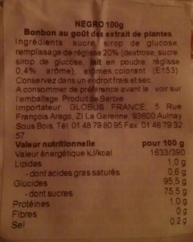 Odzacar gala negro ingredients label