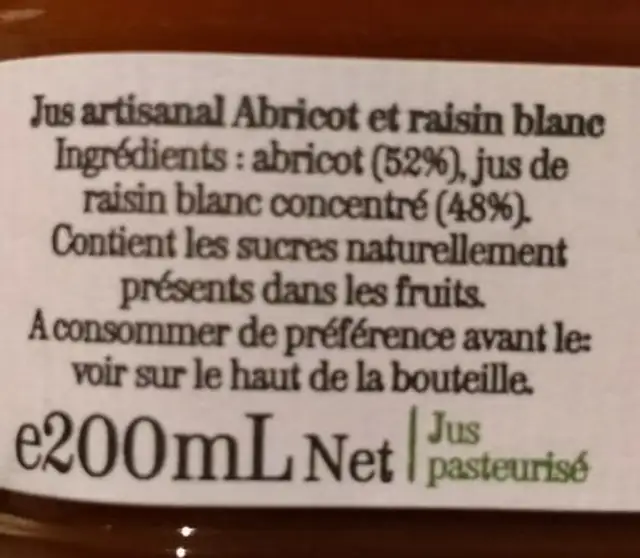 Jus Artisanal Abricot Et Raisin Blanc ingredients label