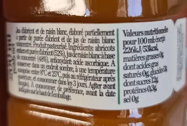 Jus Artisanal Abricot Et Raisin Blanc nutrition facts table