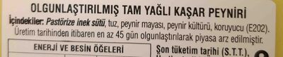 Olgun Kaşar Peyniri ingredients label