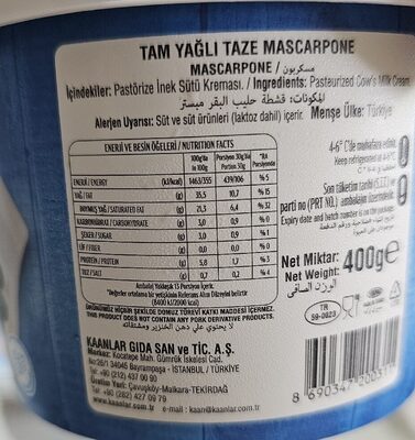 Mascarpone nutrition facts table