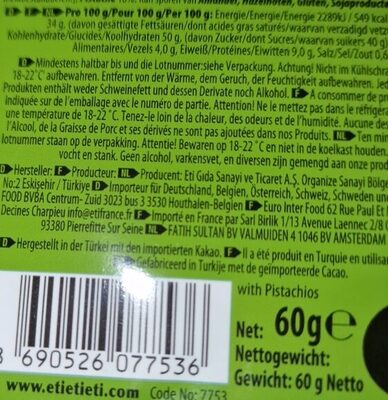 ÇICOLATA nutrition facts table