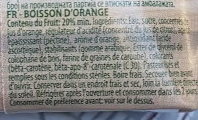 Classic Orange Nectar ingredients label