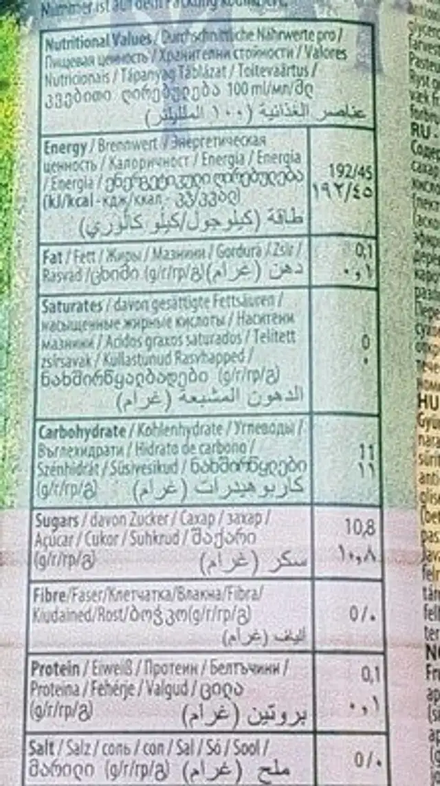 Classic Orange Nectar nutrition facts table