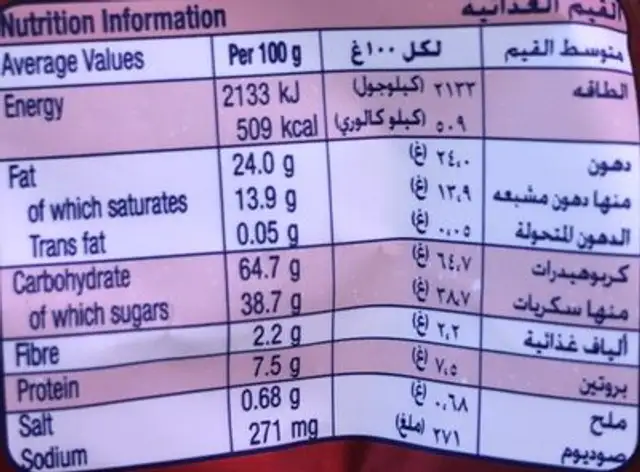 Digestive nibbles milk chocolate nutrition facts table