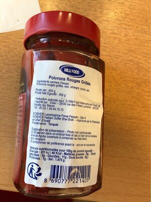 Poivrons Rouges Grilles WF nutrition facts table