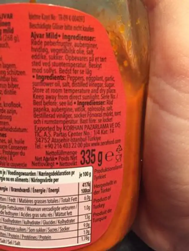 Sera Ajvar Gemüsepüree Mild ingredients label