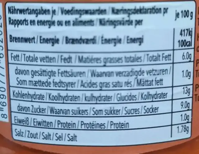 Sera Ajvar Gemüsepüree Mild nutrition facts table