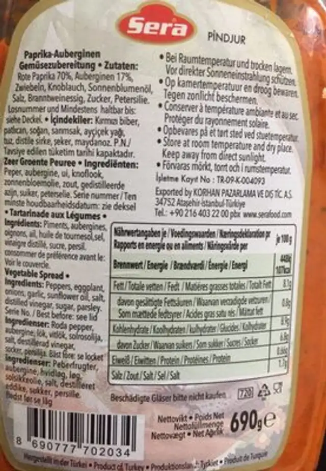 Pindjur ingredients label