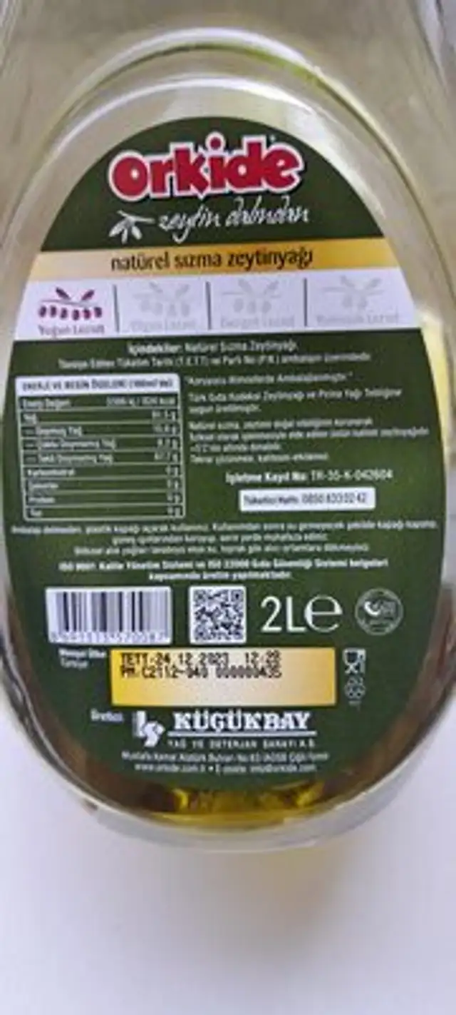 Natürel süzme zeytinyağı ingredients label