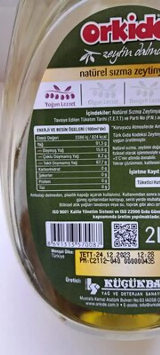 Natürel süzme zeytinyağı nutrition facts table
