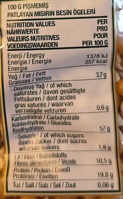 Patlayan Misir nutrition facts table