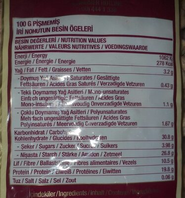 Pois chiches nutrition facts table