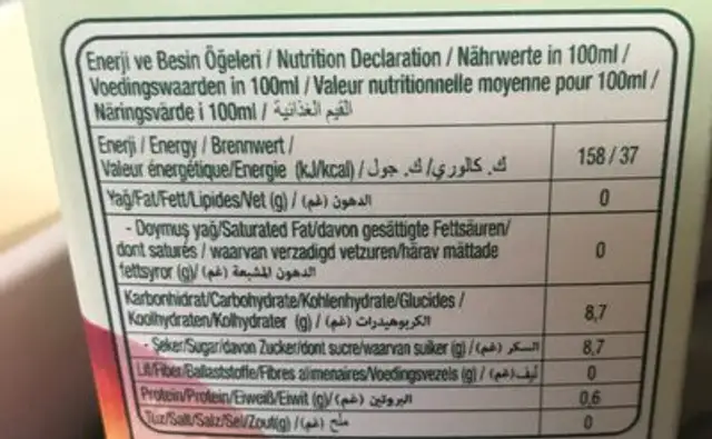 Içim Peach Nectar 1Lt nutrition facts table