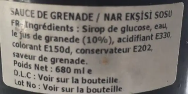 Sauce de Grenade ingredients label