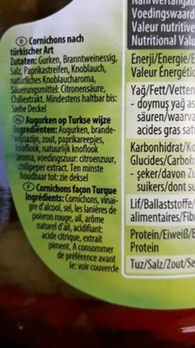 Cornichons ingredients label