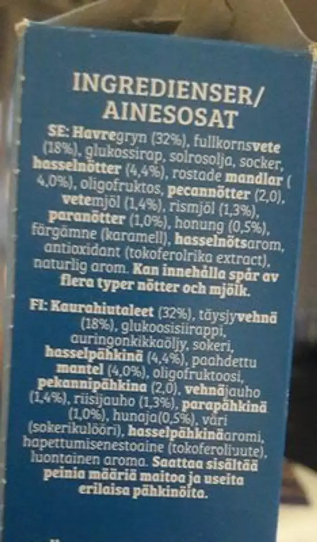 Cruesli 4 notter ingredients label
