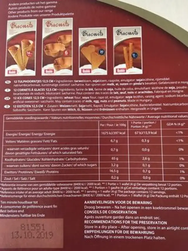 Biscuits a glace nutrition facts table