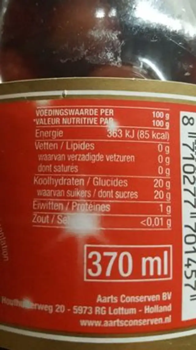 Aarts Thuisbakkerij Kersen Zonder Pit ingredients label