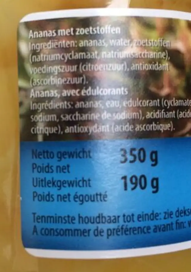 Ananas ingredients label