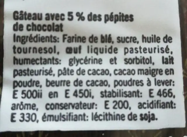 Choco cake ingredients label