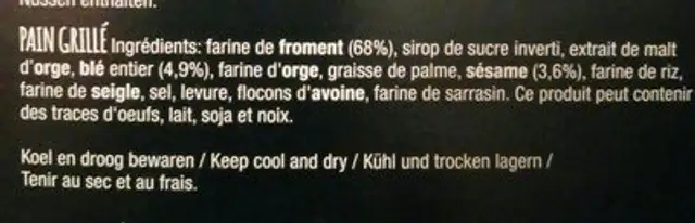 Pain grillé ingredients label