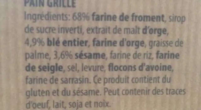 Pane Rustico ingredients label