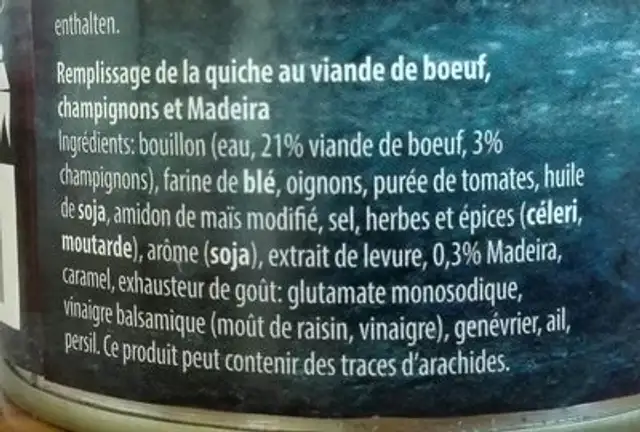 Quiche vulling ingredients label