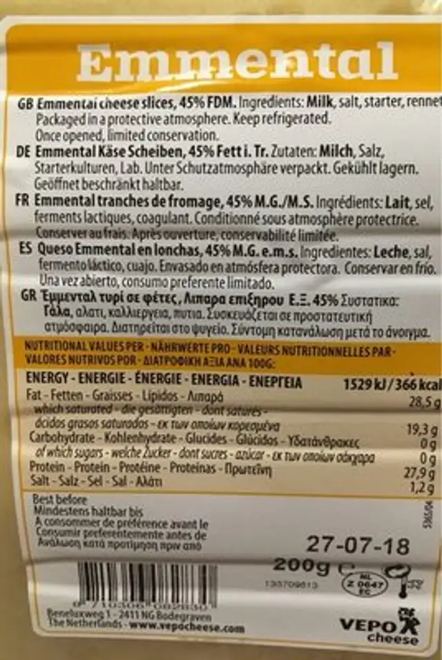 Emmental ingredients label
