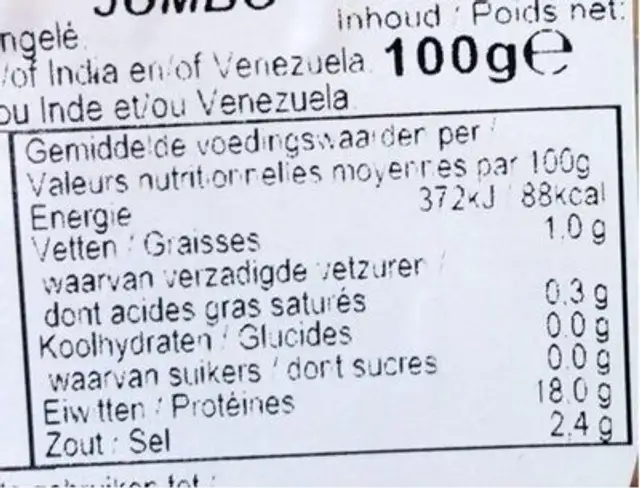 Crevettes Roses Jumbo, nutrition facts table