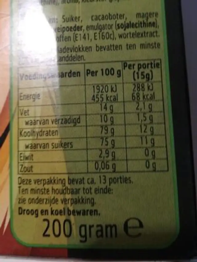 Tijgervlokken nutrition facts table