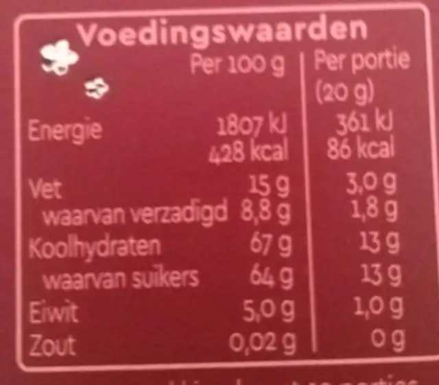 Pure Chocoladehagel met witte sterreties nutrition facts table