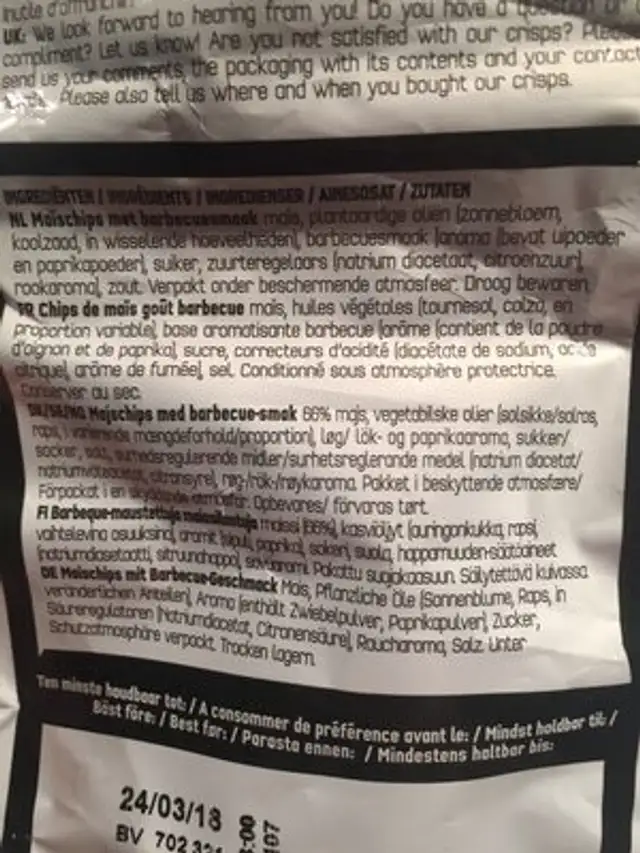 Doritos Chips Barbecue Style ingredients label