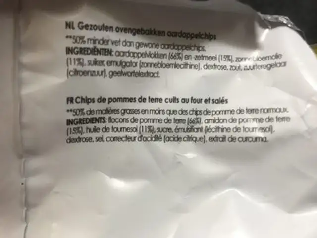 Oven Chips Naturel ingredients label