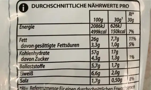 Doritos Cool American nutrition facts table