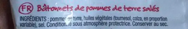 Lay's Sticks Naturel ingredients label