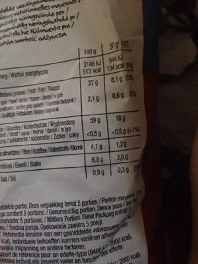Lay's Sticks Naturel nutrition facts table